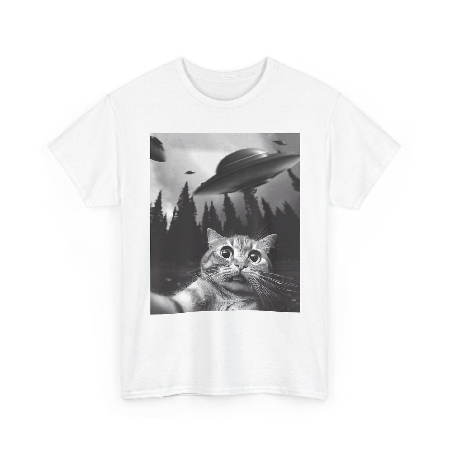 Funny Cat Selfie Alien Invasion Graphic T Shirt NEW Cotton Tee Gift