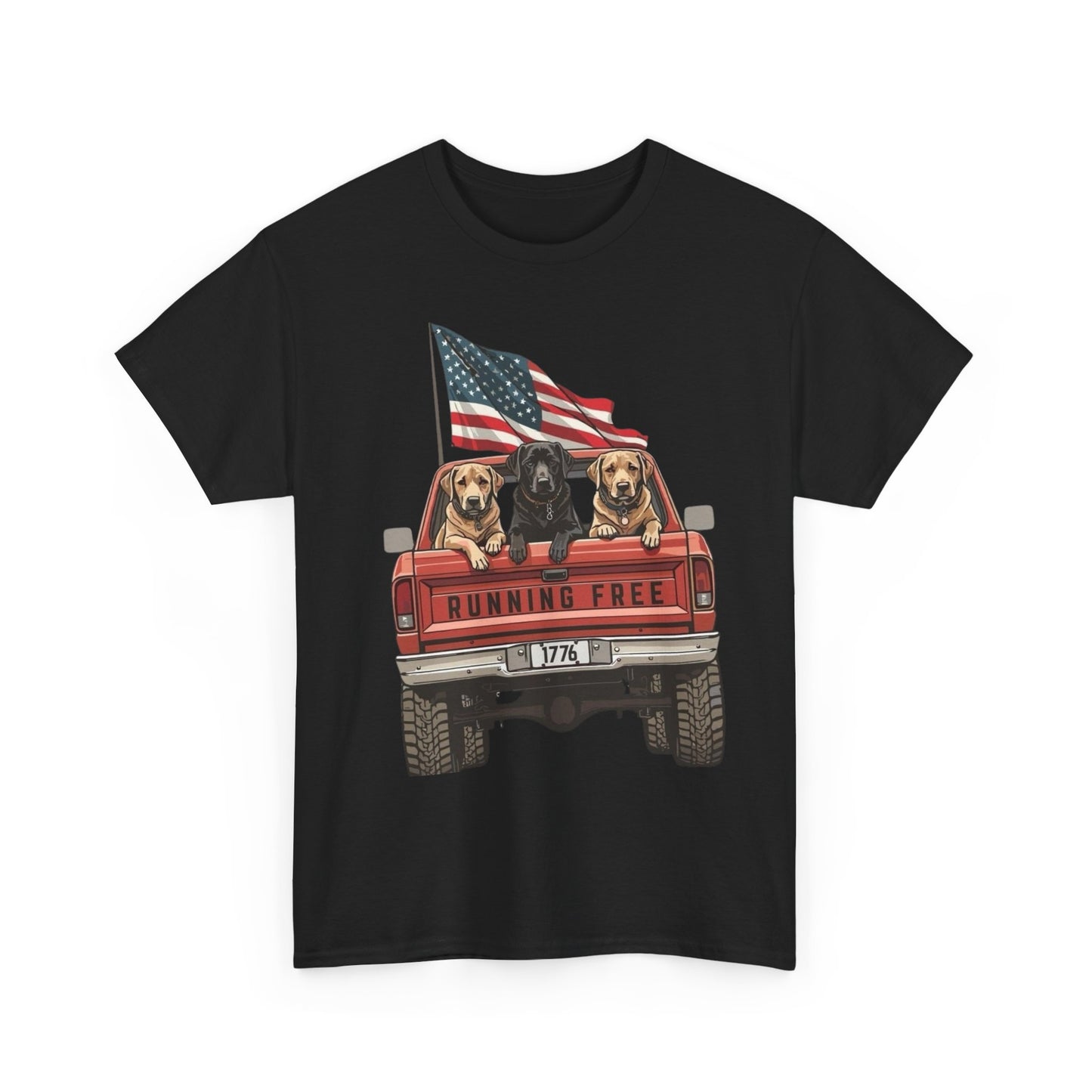 Running Free 1776 USA Dogs In Pickup Graphic T Shirt NEW Unisex Heavy Cotton Tee