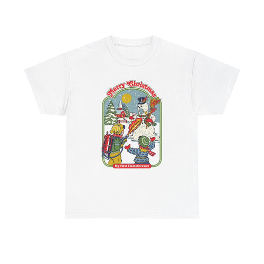 Merry Christmas Flame Thrower Graphic T Shirt Retro Holidays Unisex Heavy Cotton