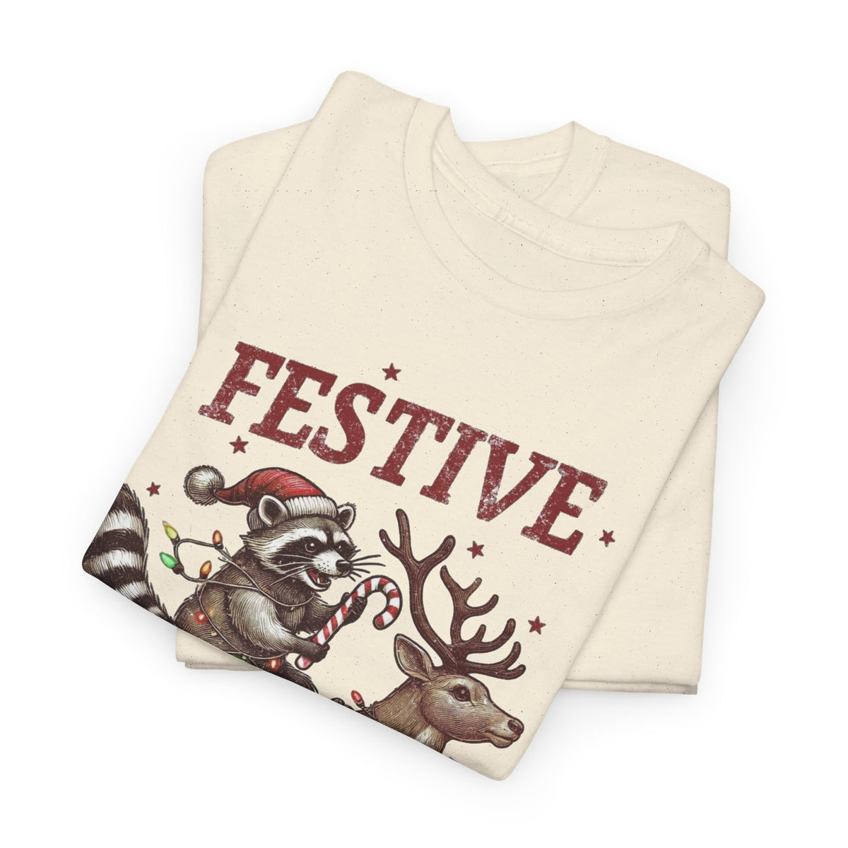 Festive but Feral Raccoon Riding Reindeer Christmas T-Shirt Men's Graphic Tee