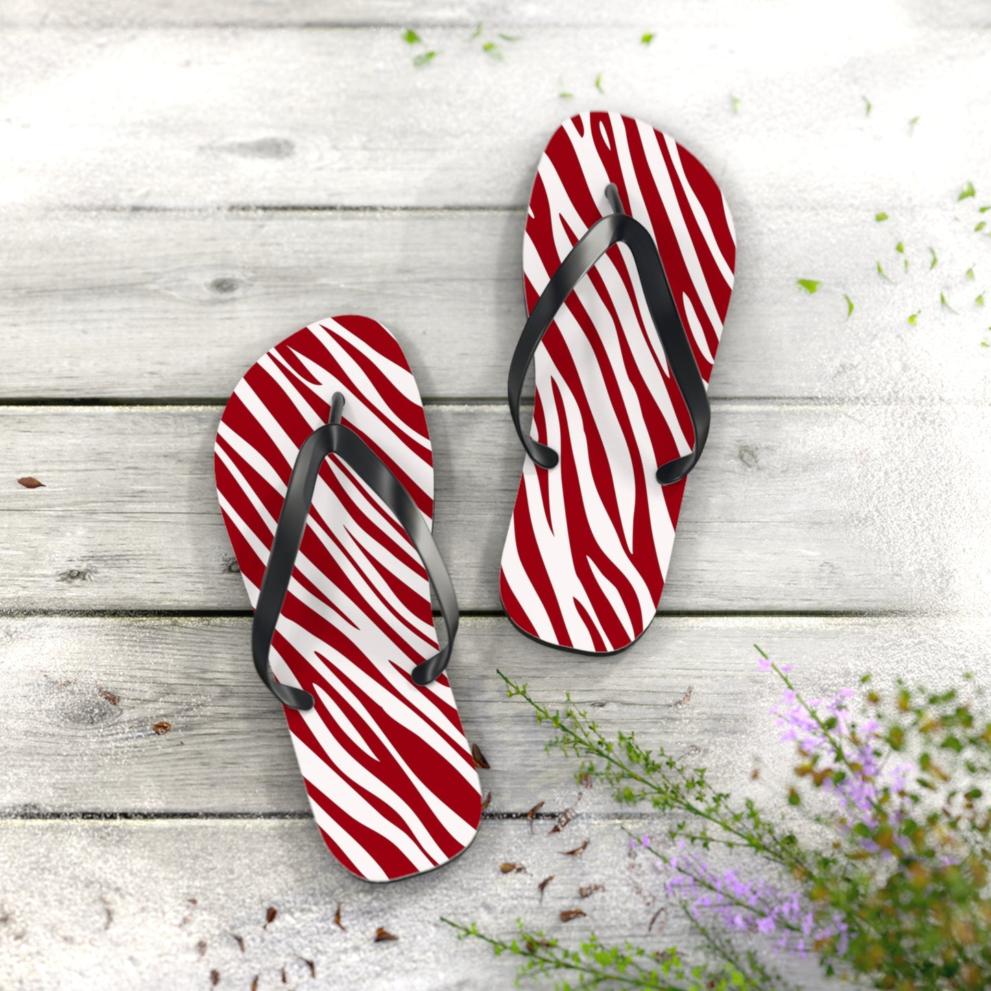 Red Zebra Print Beach Sandals, Slides for Summer, Flip Flops, Water Resistant