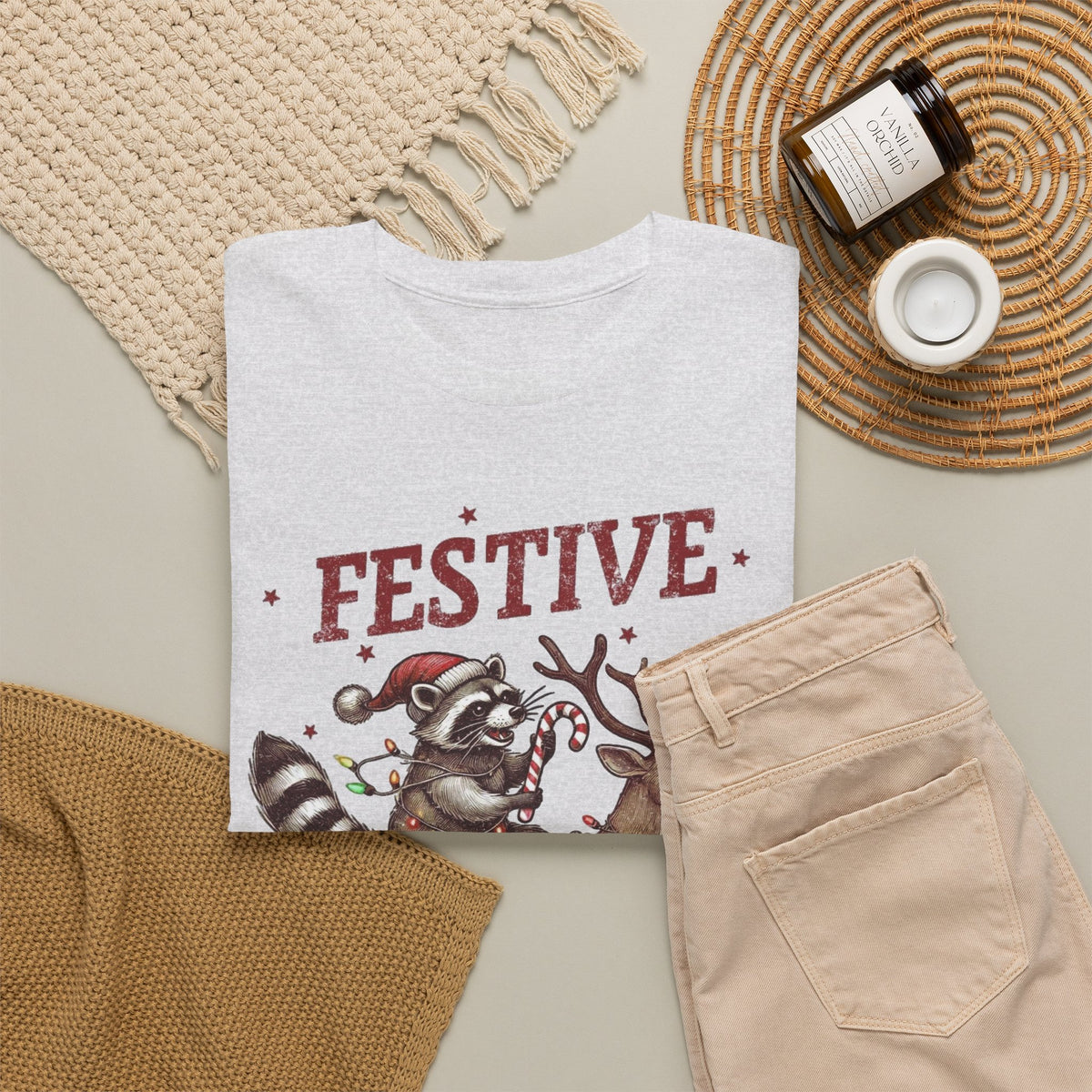 Festive but Feral Raccoon Riding Reindeer Christmas T-Shirt Men's Graphic Tee