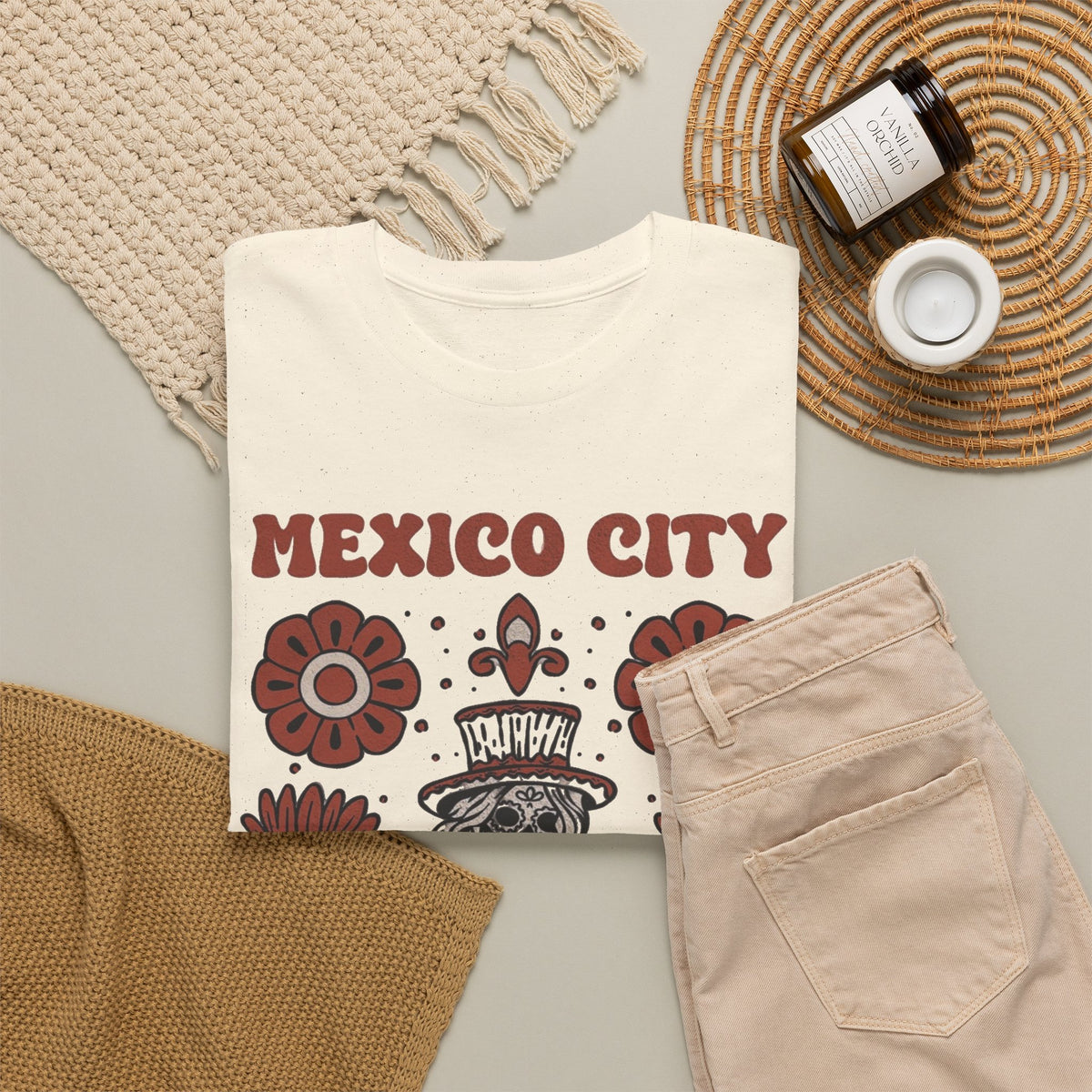 Mexico City Skull and Flowers T-Shirt, Laugh Your Soul Graphic Men's Graphic Tee