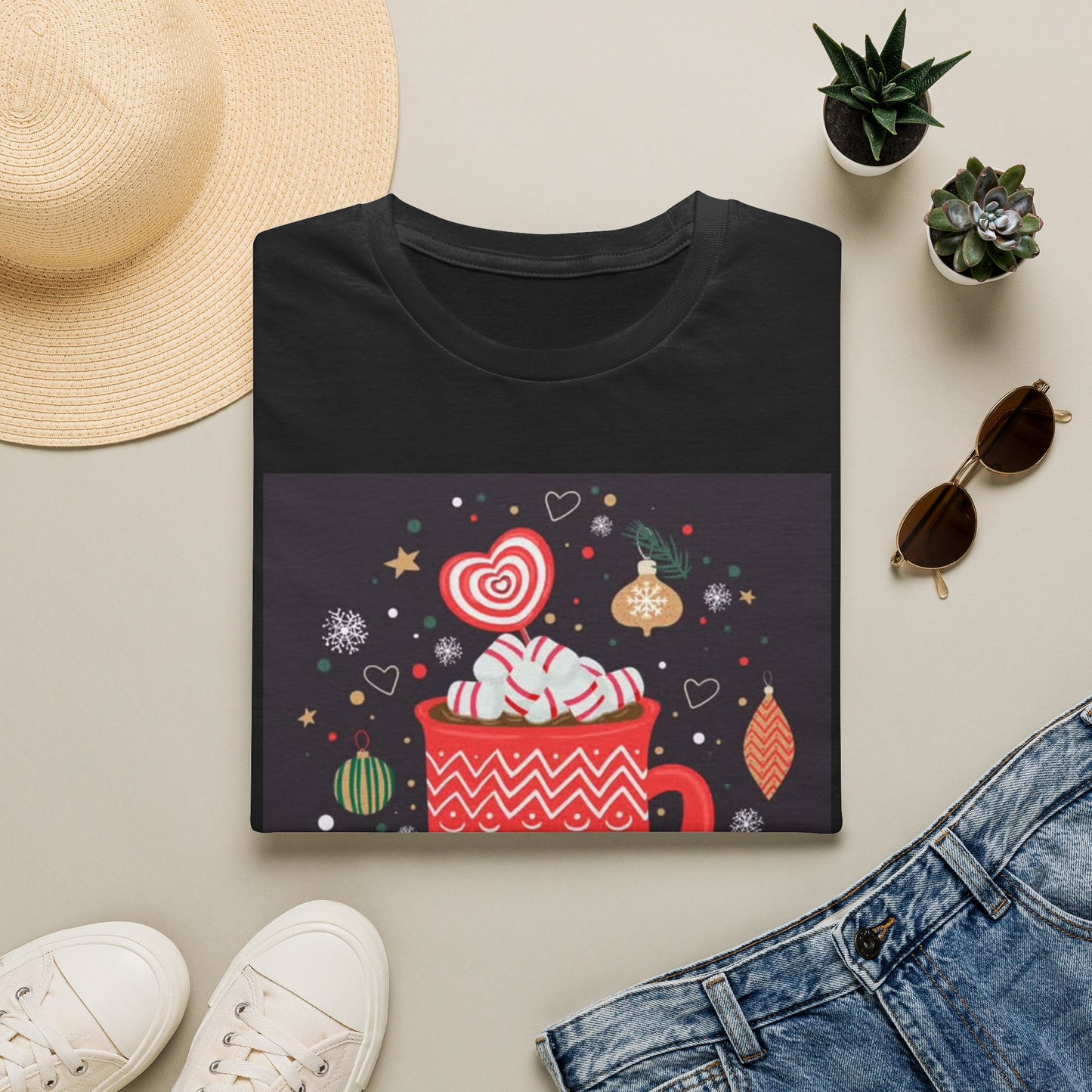 Christmas Santa Snowflake T-Shirt, Hot Cocoa Winter Holiday Tee, Unisex