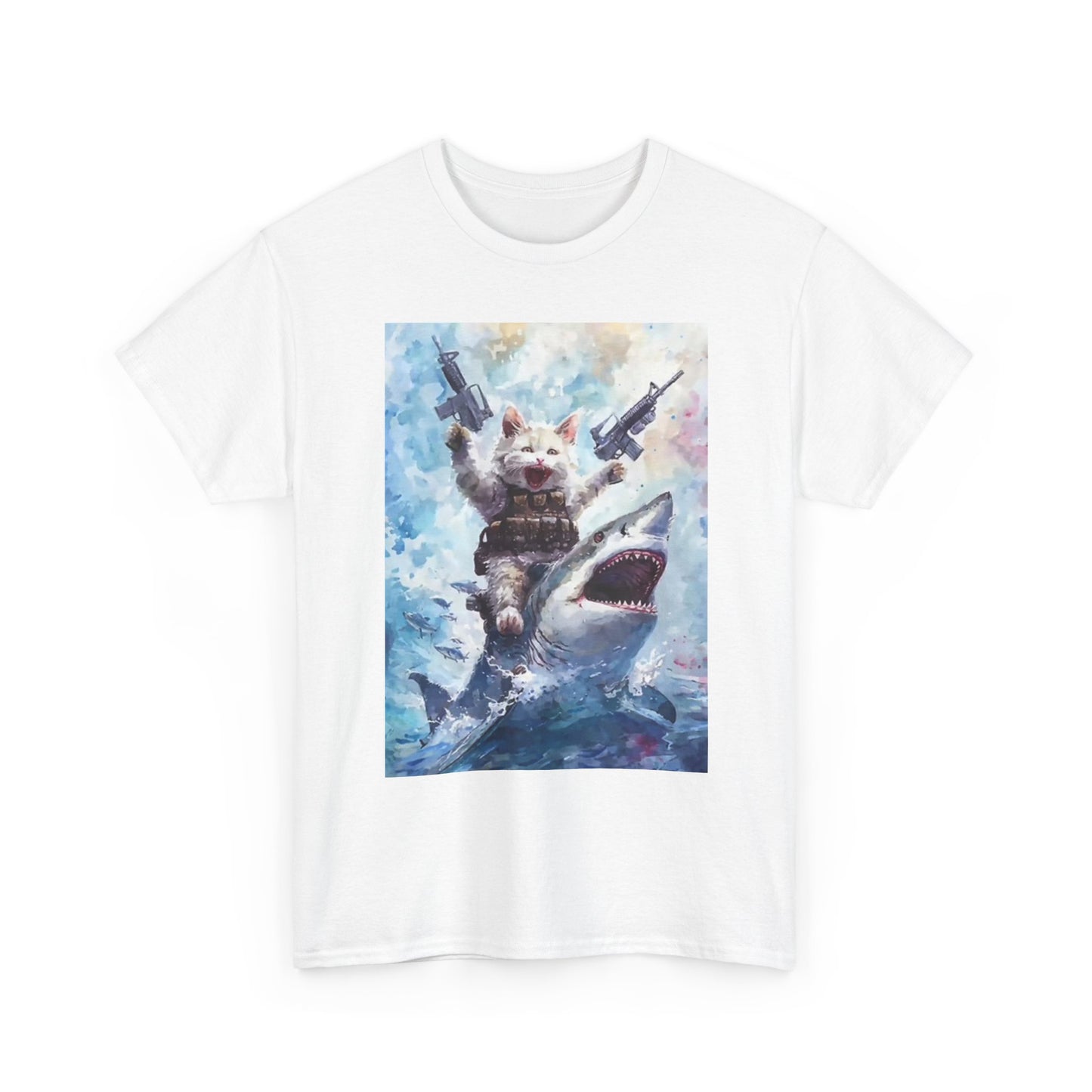Gangster Kitty On Shark Graphic T Shirt Funny Unisex Heavy Cotton Tee
