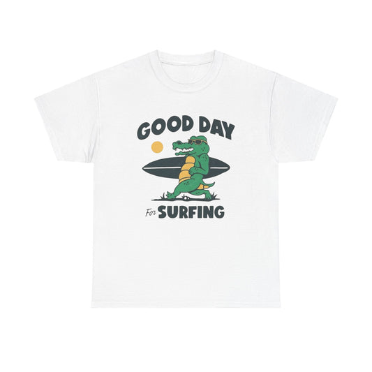 Good Day For Surfing Crocodile T Shirt Graphic Unisex Heavy Cotton Tee NEW GIFT