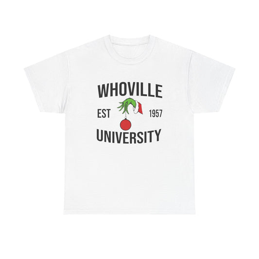 Whoville University Christmas Grinch Graphic T Shirt Unisex NEW Heavy Cotton Tee