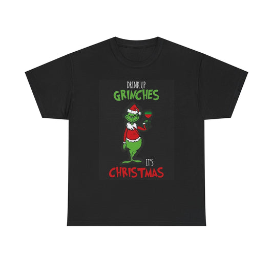 Drink Up Grinch's T Shirt Retro Santa Christmas Graphic Unisex Heavy Cotton Tee