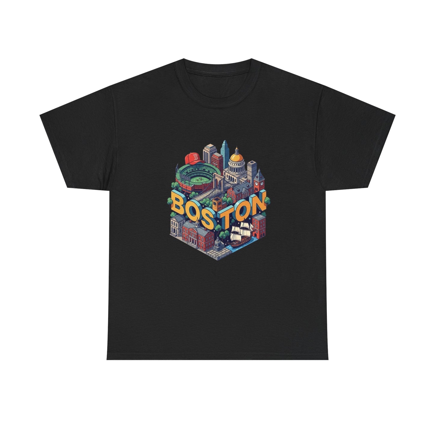 Boston Mass landmarks Retro Graphic T Shirt NEW GIFT Unisex Heavy Cotton Tee