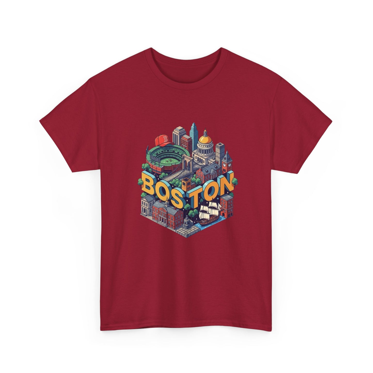 Boston Mass landmarks Retro Graphic T Shirt NEW GIFT Unisex Heavy Cotton Tee
