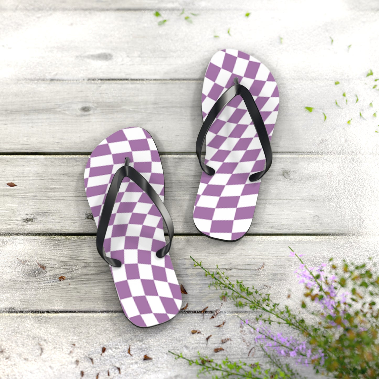 Wavy Checkered Purple Sandals, Beach Shoes, Vacation Flip Flops, Pool Slides