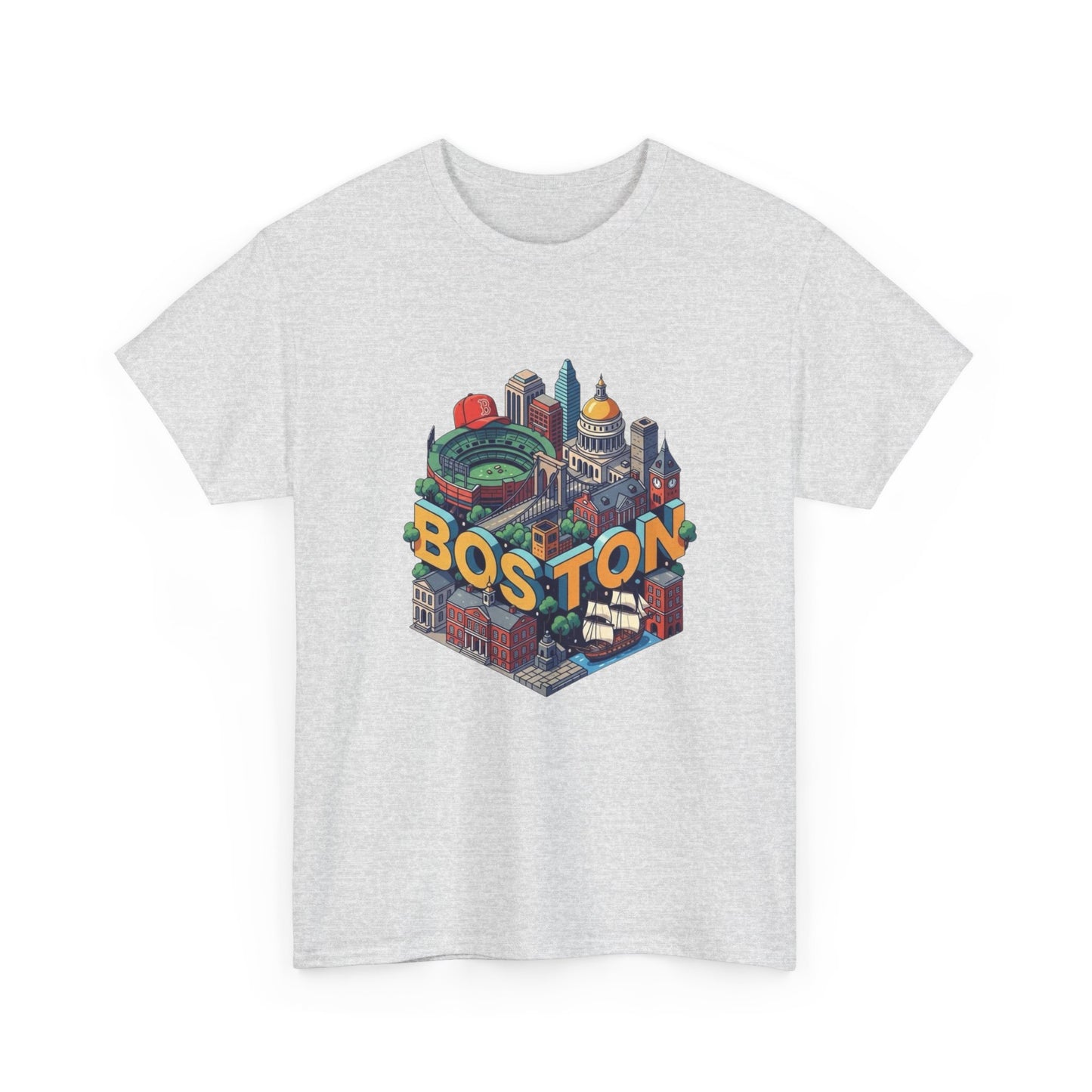 Boston Mass landmarks Retro Graphic T Shirt NEW GIFT Unisex Heavy Cotton Tee