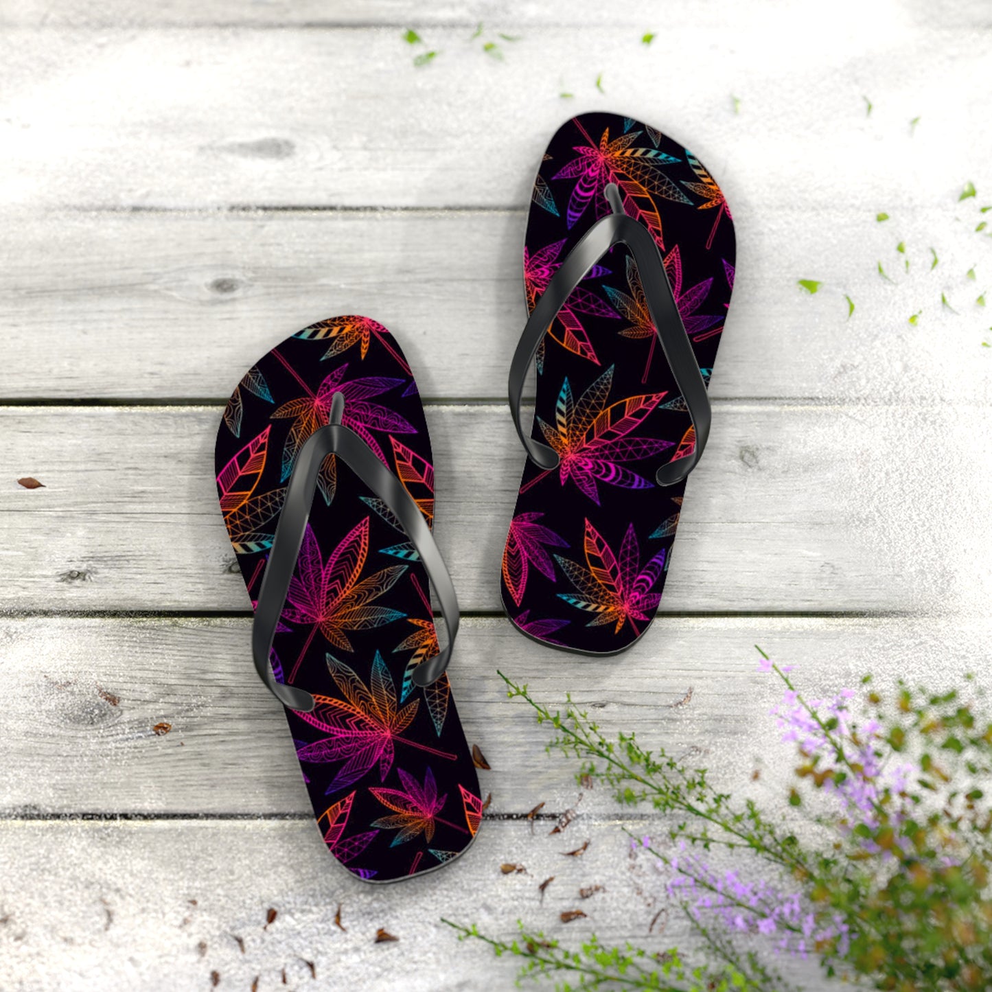 WAVES And SUN Co Sandals Weed Leaf - Flip Flops -Slides Summer Beach BRAND NEW