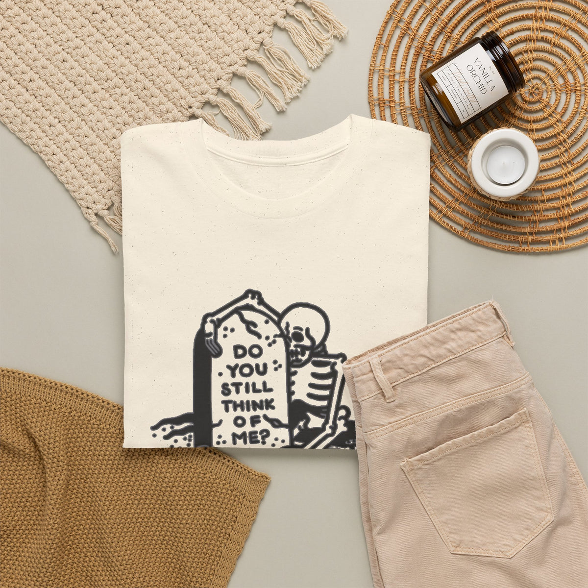Skeleton Reading Gravestone T-Shirt | Do You Still Think of Me Men's Tee