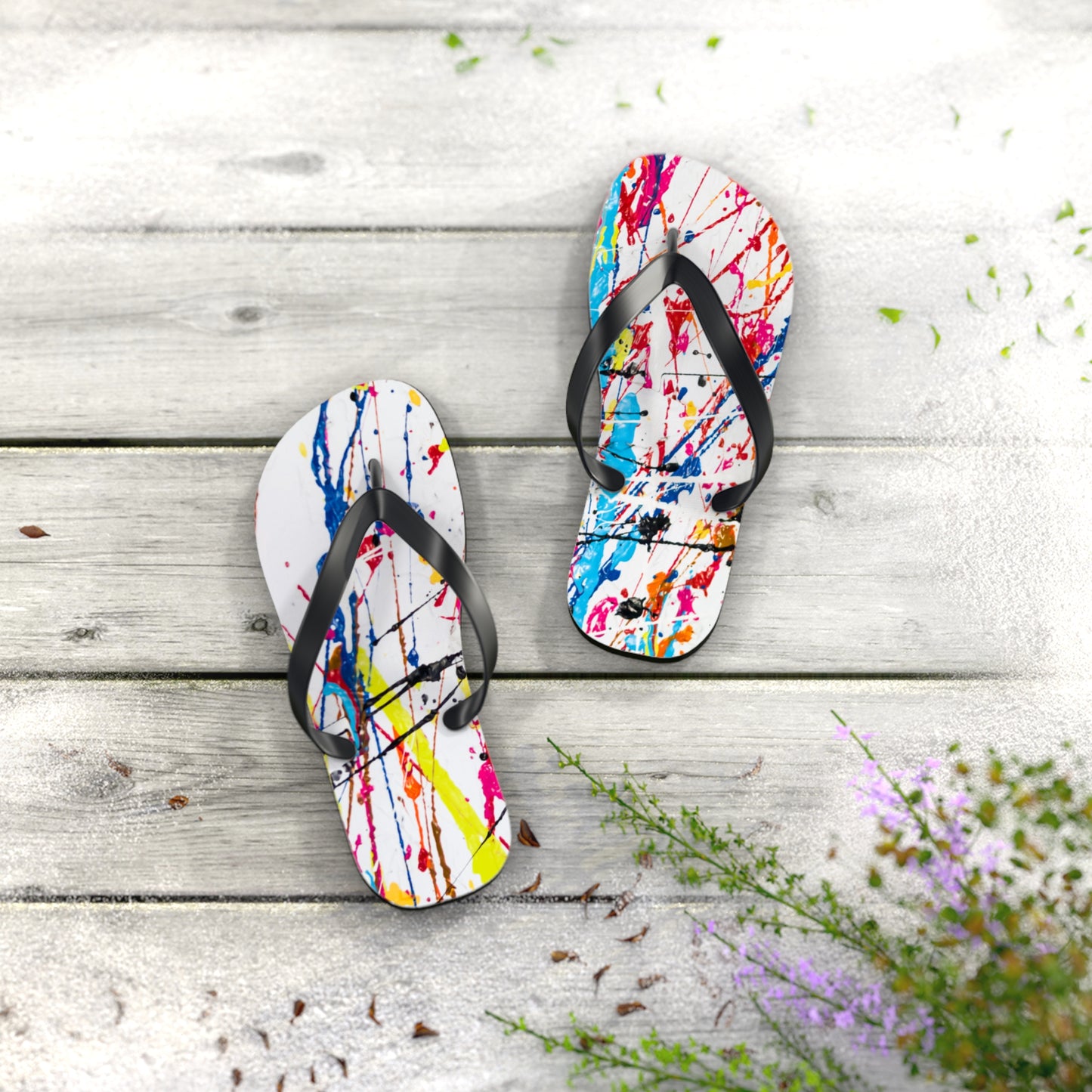 Waves And Sun Sandals Paint Splatter Summer Flip Flops Slides BRAND NEW