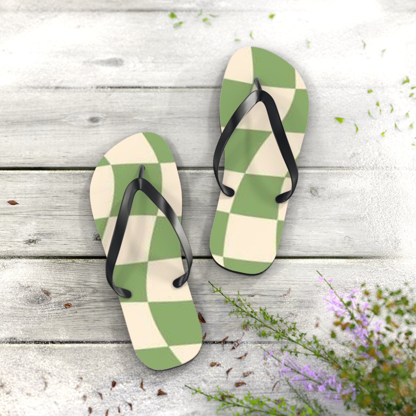 Checkered Wavy Green Sandals, Beach Shoes, Vacation Flip Flops, Pool Slides