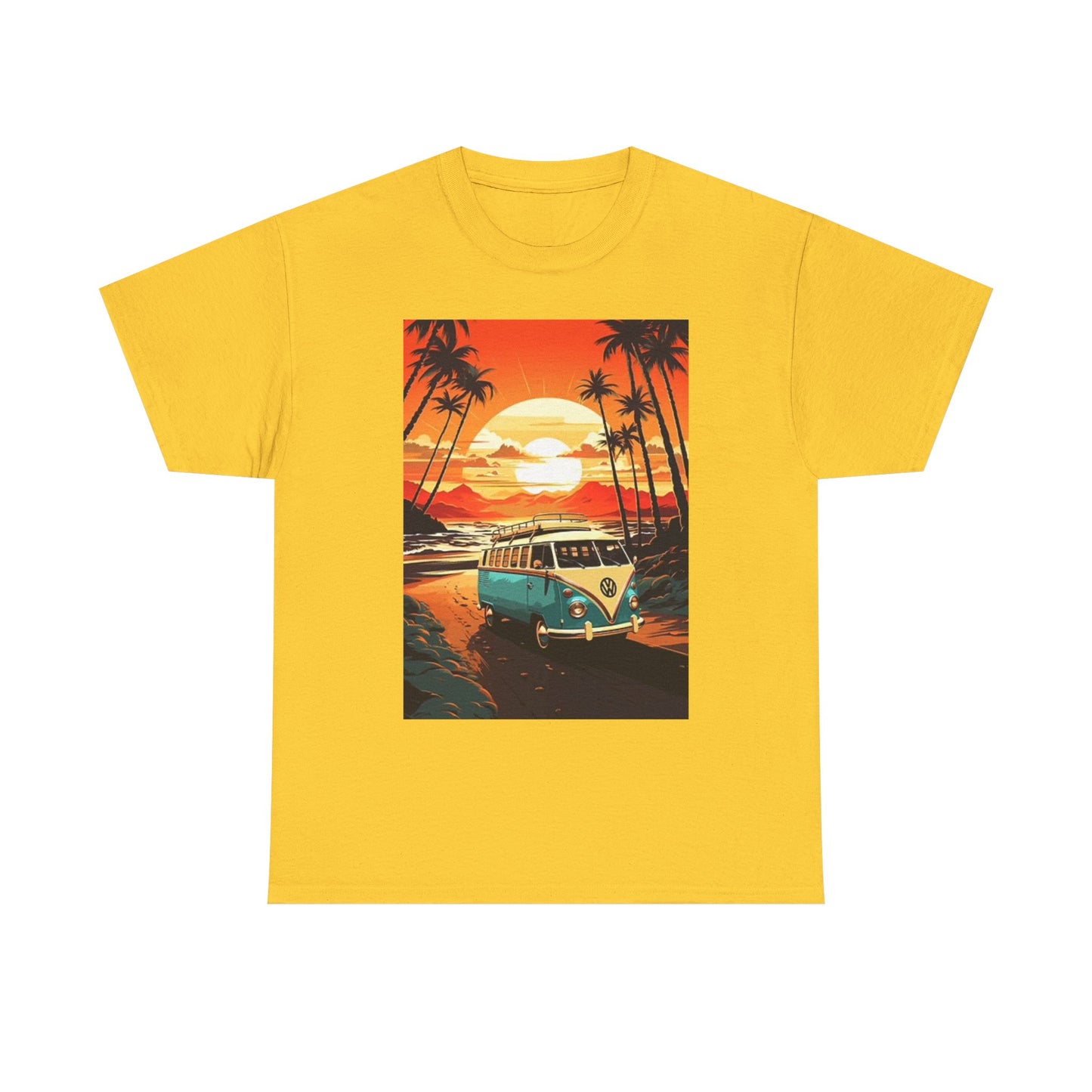 Beach Sunset Graphic T Shirt Surfing Bus Retro Unisex Heavy Cotton Tee