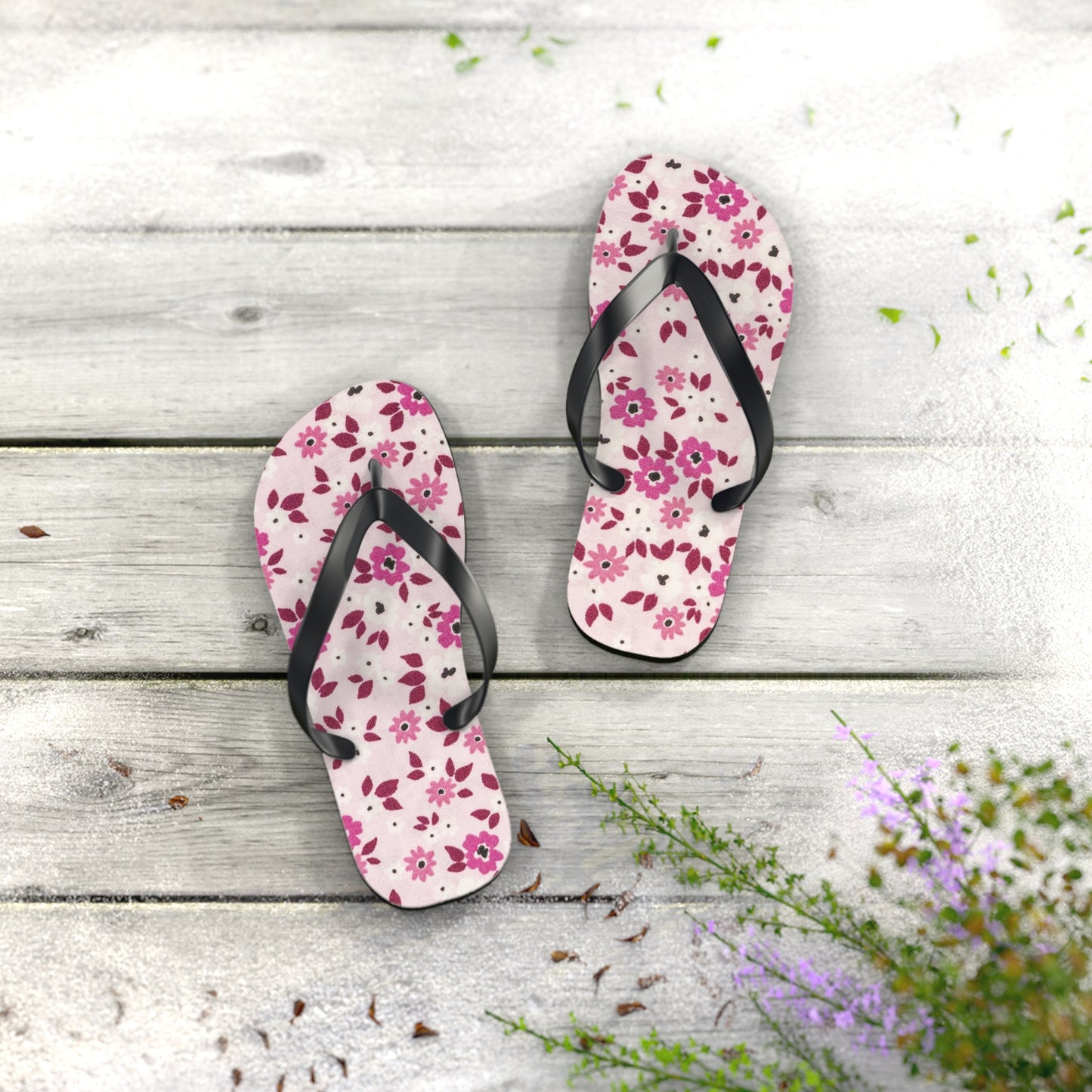 Waves And Sun Sandals Red And Pink Flowers Summer Flip Flops Slides BRAND NEW