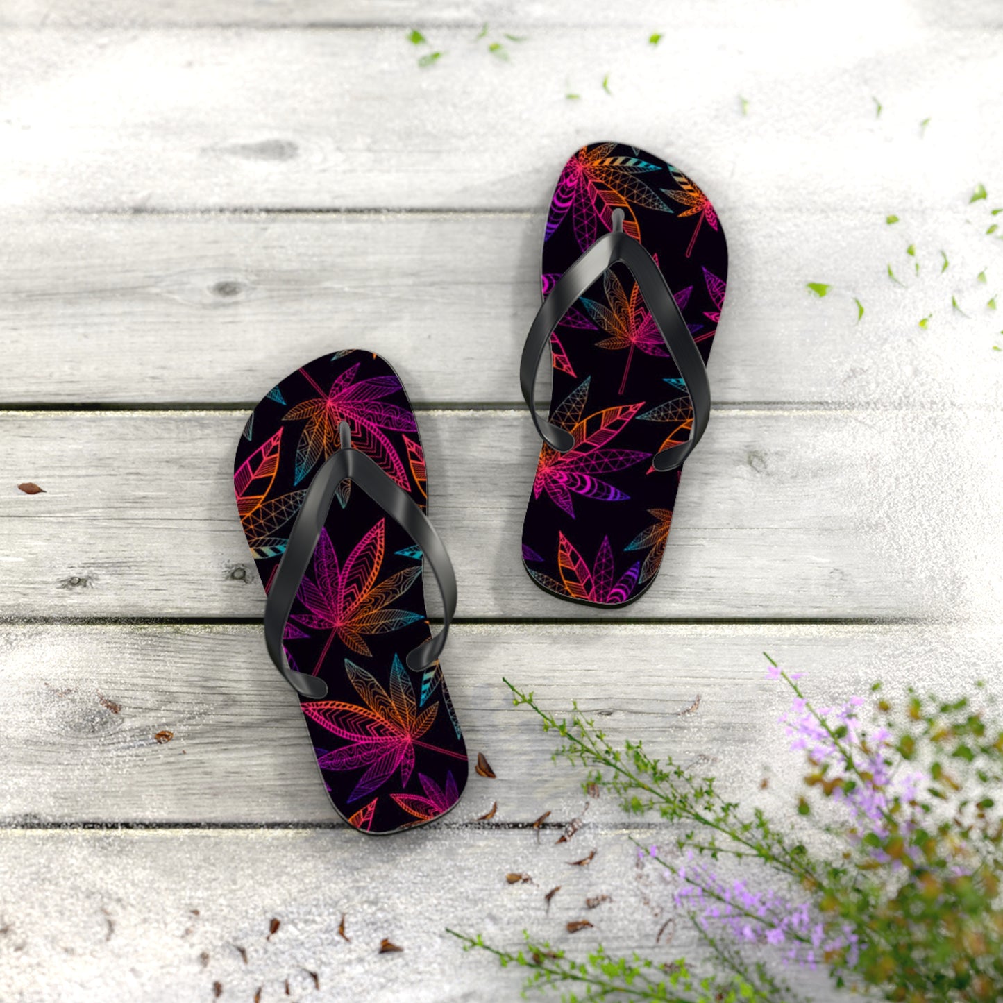 WAVES And SUN Co Sandals Weed Leaf - Flip Flops -Slides Summer Beach BRAND NEW