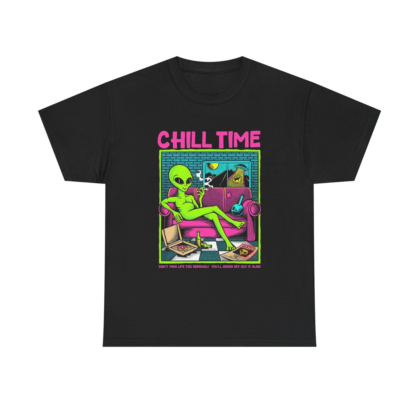 Alien Chill Time Graphic T Shirt S-5XL NEW Unisex Heavy Cotton Tee