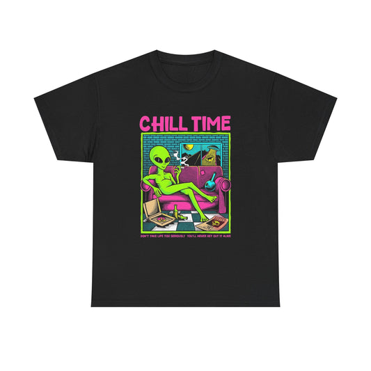 Alien Chill Time Graphic T Shirt S-5XL NEW Unisex Heavy Cotton Tee