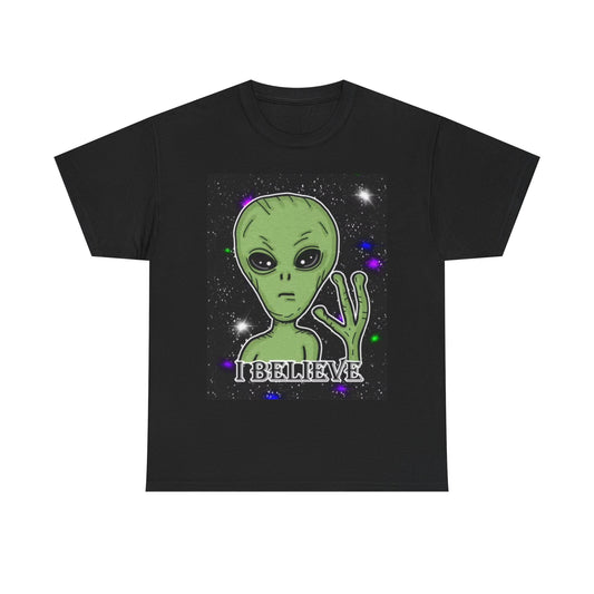 Believe In Aliens Shirt Funny graphic Space Ship Unisex Heavy Cotton Tee