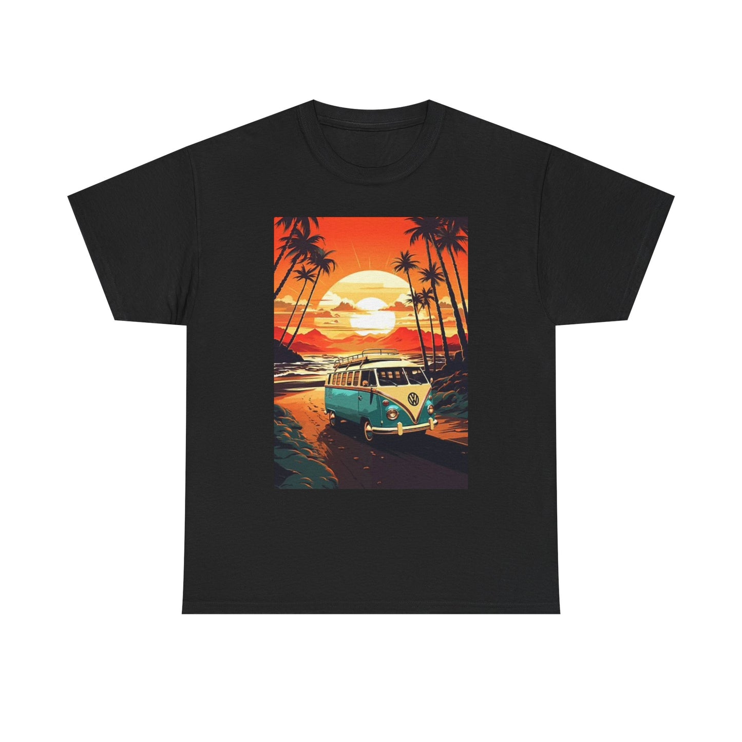 Beach Sunset Graphic T Shirt Surfing Bus Retro Unisex Heavy Cotton Tee