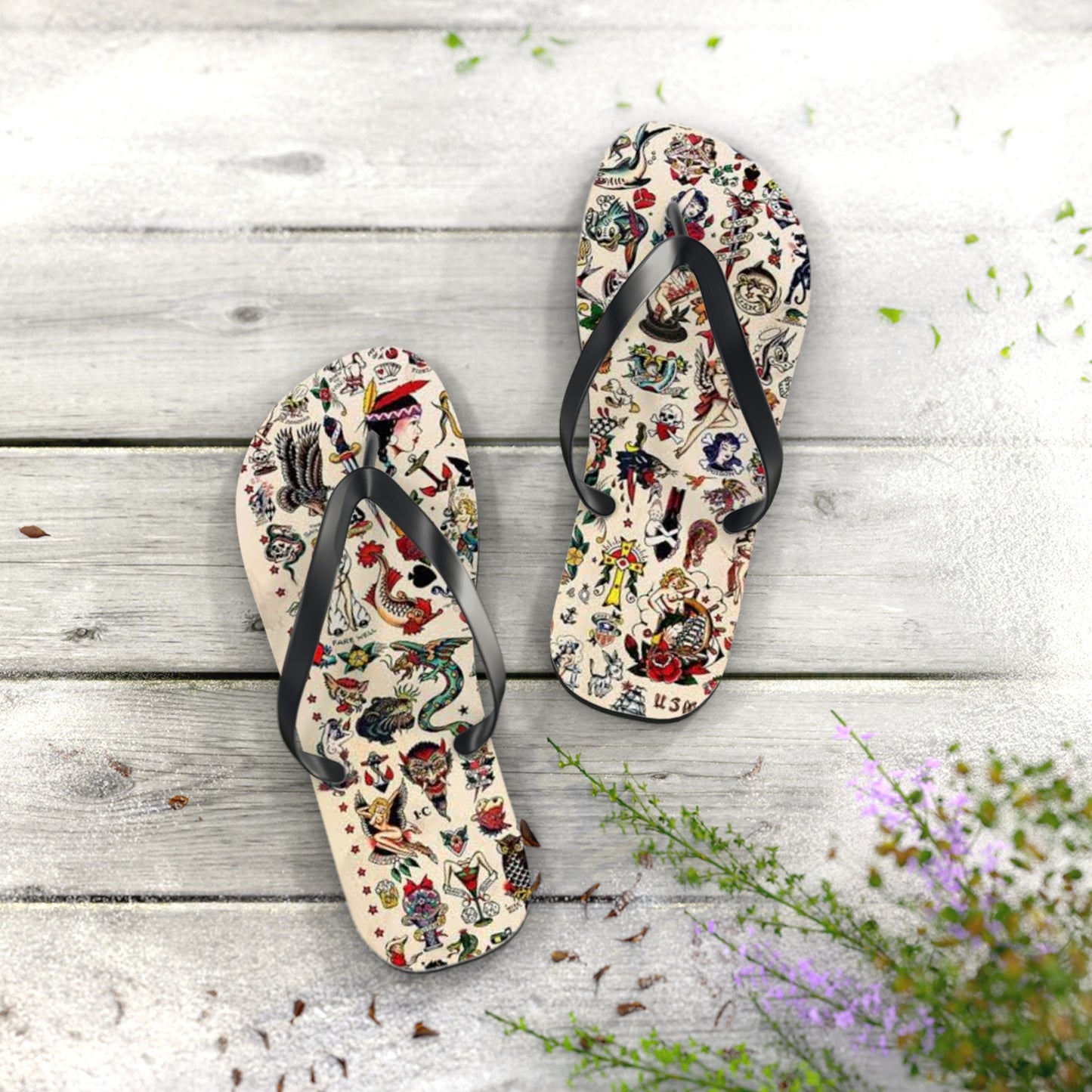 Sailor Jerry Tattoos Sandals, Beach Shoes, Vacation Flip Flops, Pool Slides