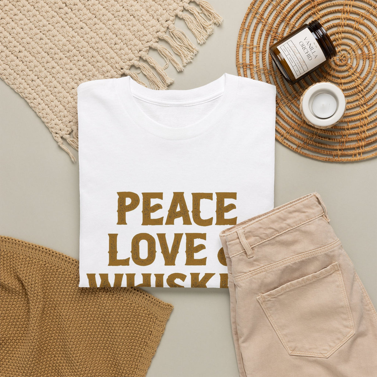 Peace Love And Whiskey Graphic T Shirt Men's Classic Heavy Cotton Tee