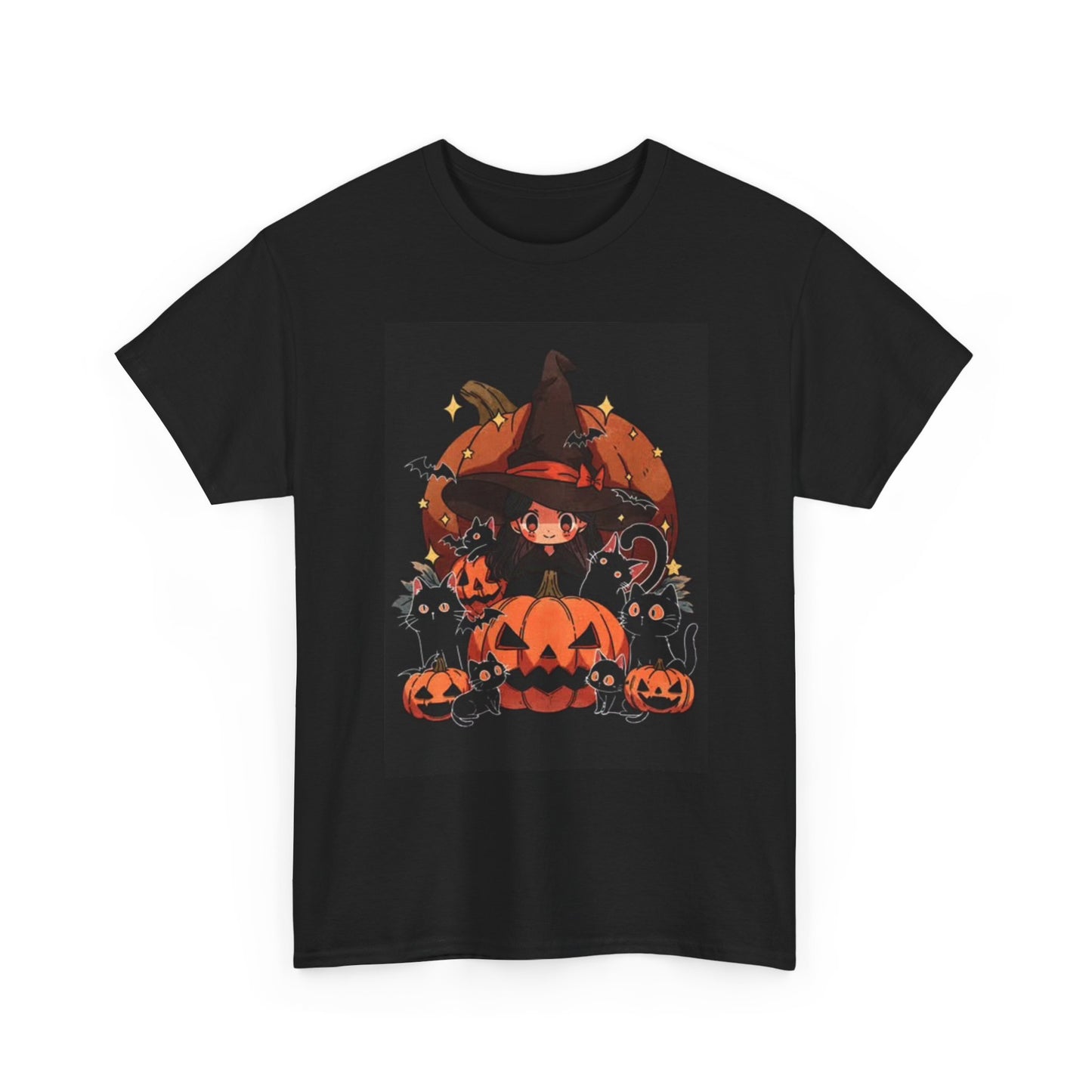 Halloween Graphic T Shirt Cute Witch Kittens Pumpkin Unisex Heavy Cotton Tee