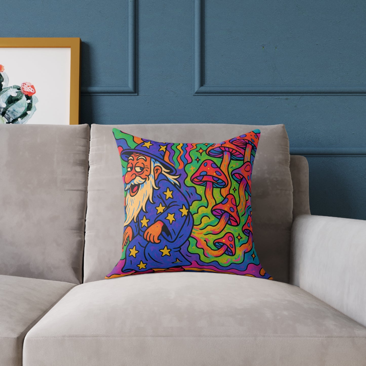 Funny Pillow Wizard With Magic Mushrooms 70s Vibes Square Poly Canvas Pillow
