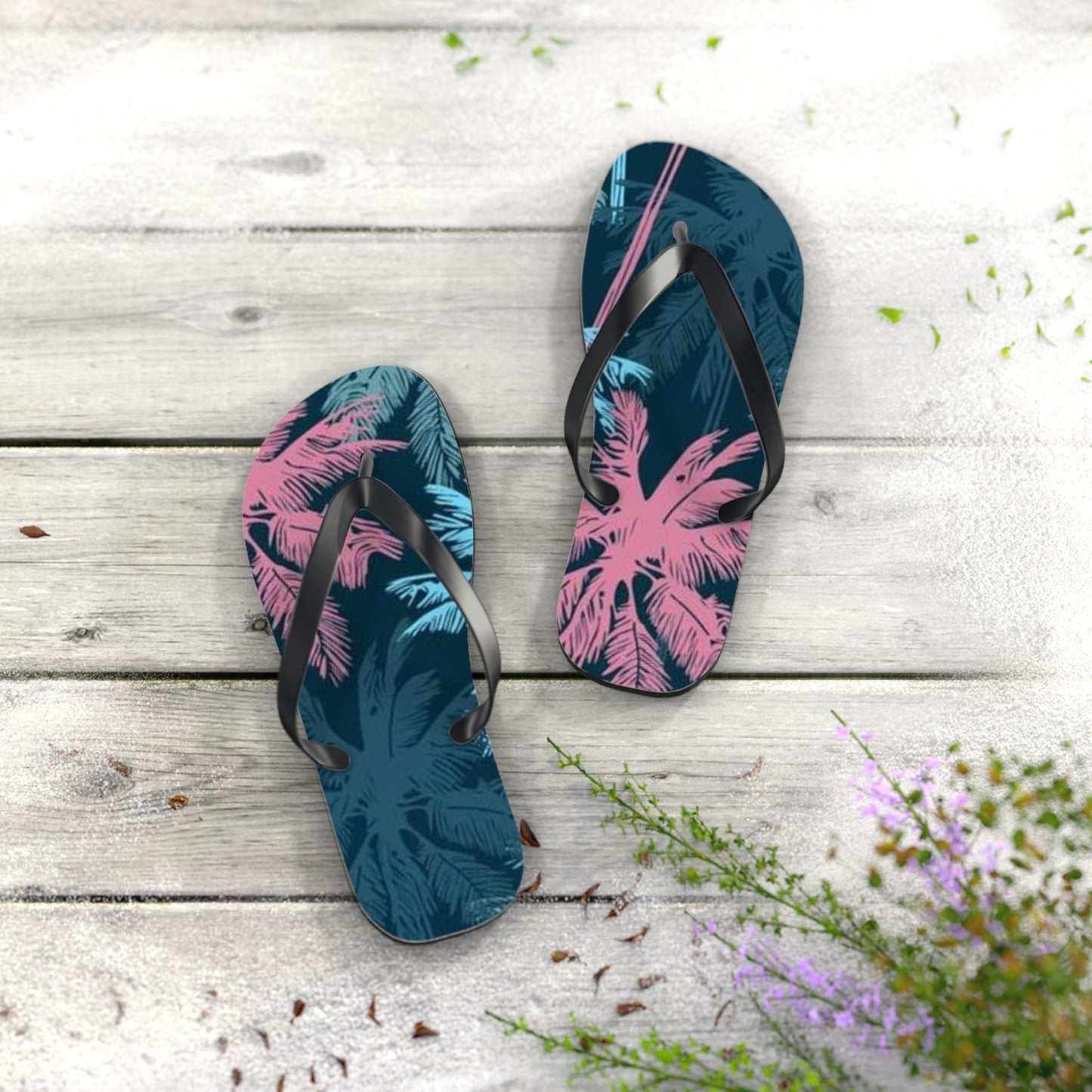 Pink And Blue Palm Trees Sandals Summer Flip Flops Slides BRAND NEW
