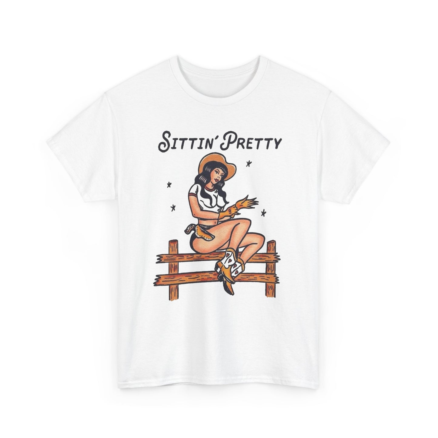 Sitting Pretty Cowgirl Western Graphic T Shirt Unisex Heavy Cotton Tee GIFT NEW