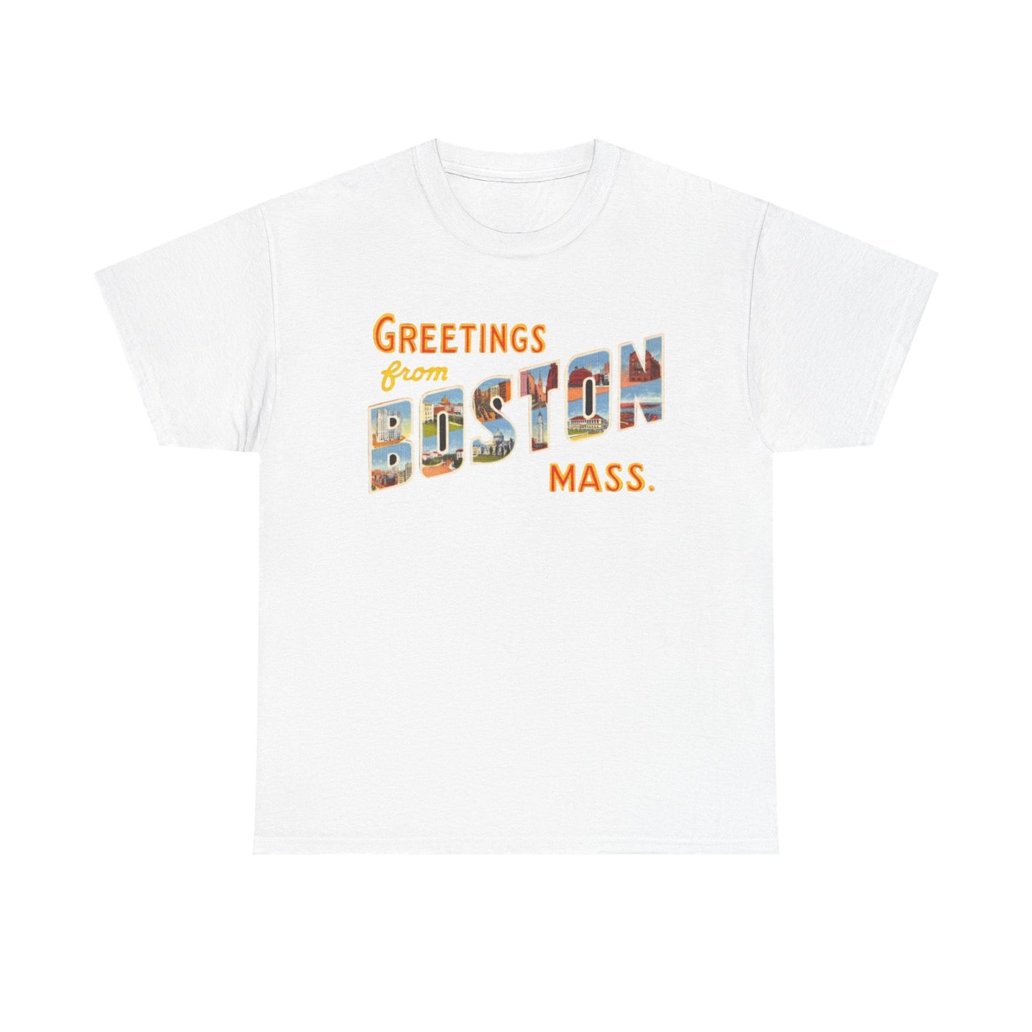 Boston T-shirt vintage postcard skyline retro Dunkin’s Unisex Heavy Cotton Tee