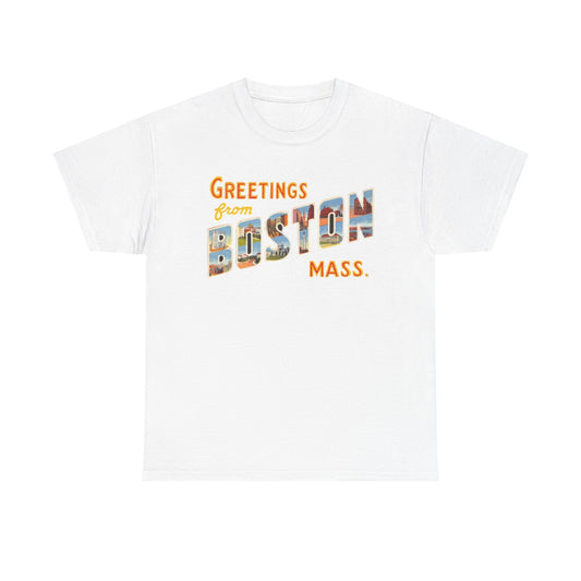 Boston T-shirt vintage postcard skyline retro Dunkin’s Unisex Heavy Cotton Tee