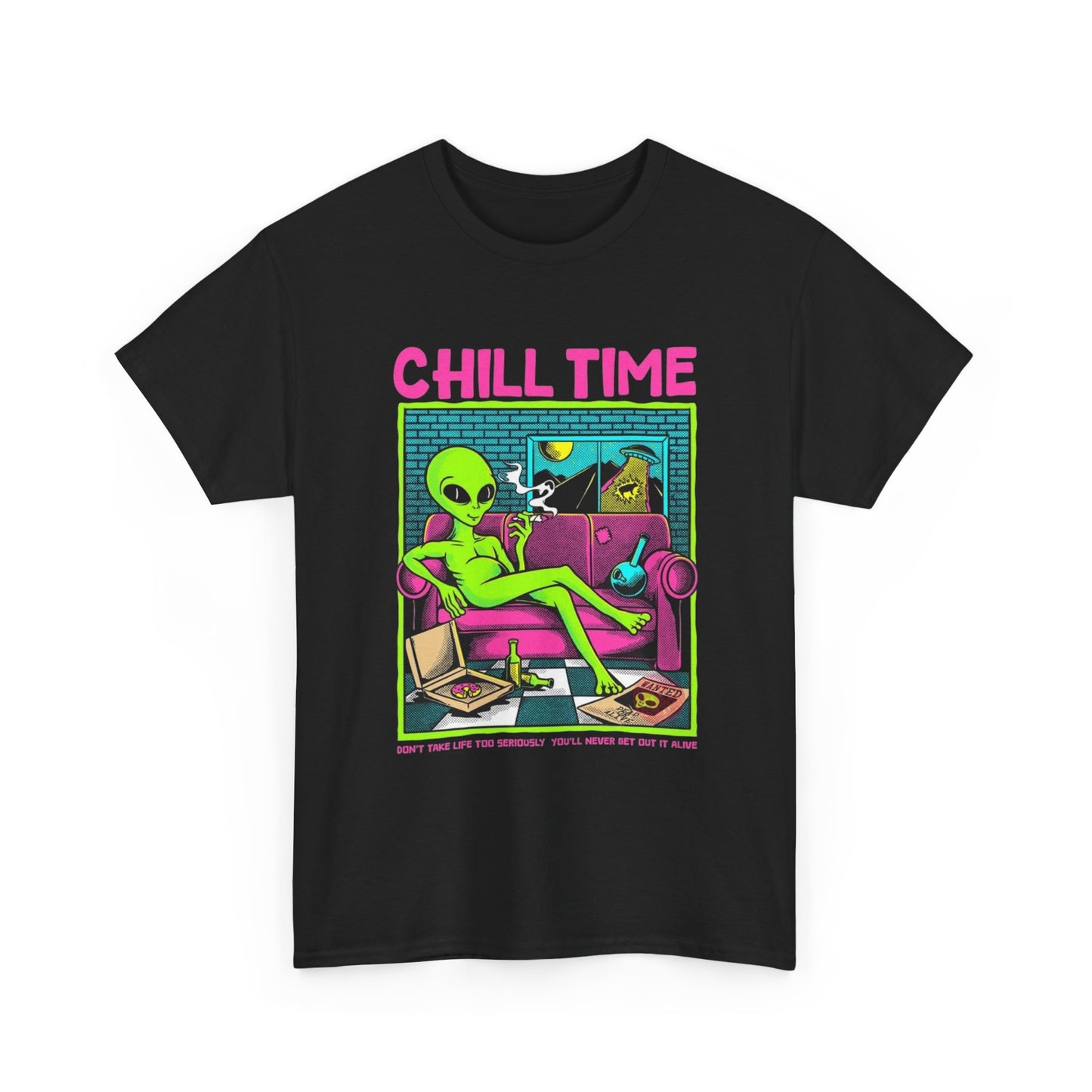 Alien Chill Time Graphic T Shirt S-5XL NEW Unisex Heavy Cotton Tee