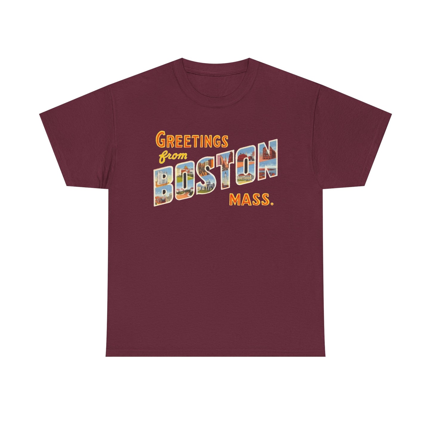 Boston T-shirt vintage postcard skyline retro Dunkin’s Unisex Heavy Cotton Tee