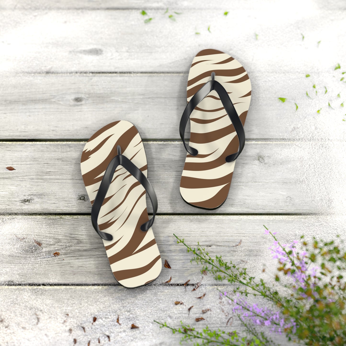 Brown Zebra Print Beach Sandals, Slides for Summer, Flip Flops, Water Resistant