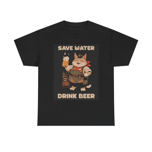 Save Water Drink Beer Cat Shirt Funny Graphic Jokes Unisex Heavy Cotton Tee