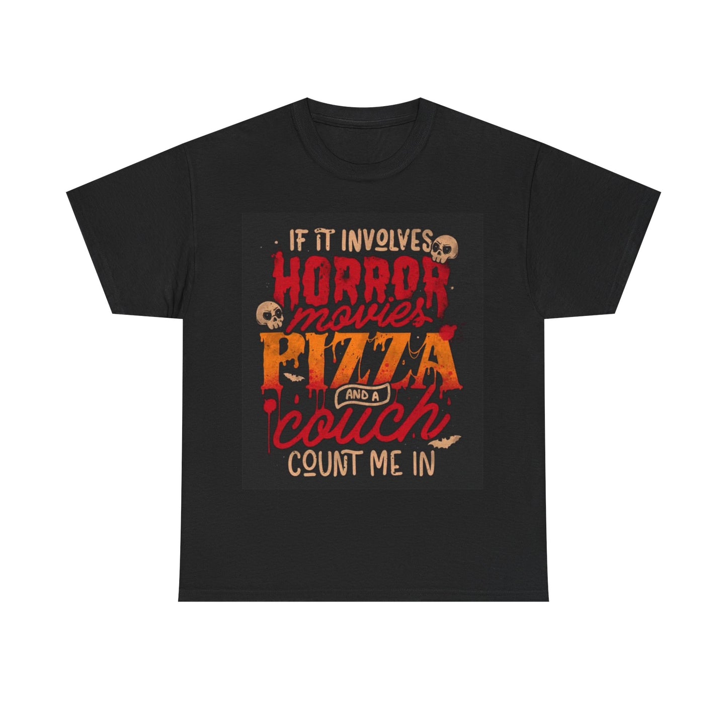 Pizza Party Tshirt Horror Movies and Pizza One Bite Unisex Heavy Cotton Tee