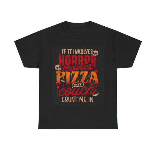 Pizza Party Tshirt Horror Movies and Pizza One Bite Unisex Heavy Cotton Tee