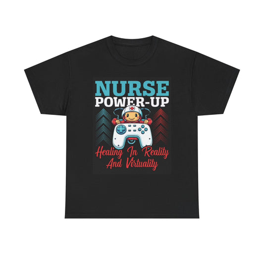 Nurse Power Up Shirt Funny CNA Hospital Gamer Graphic Unisex Heavy Cotton Tee