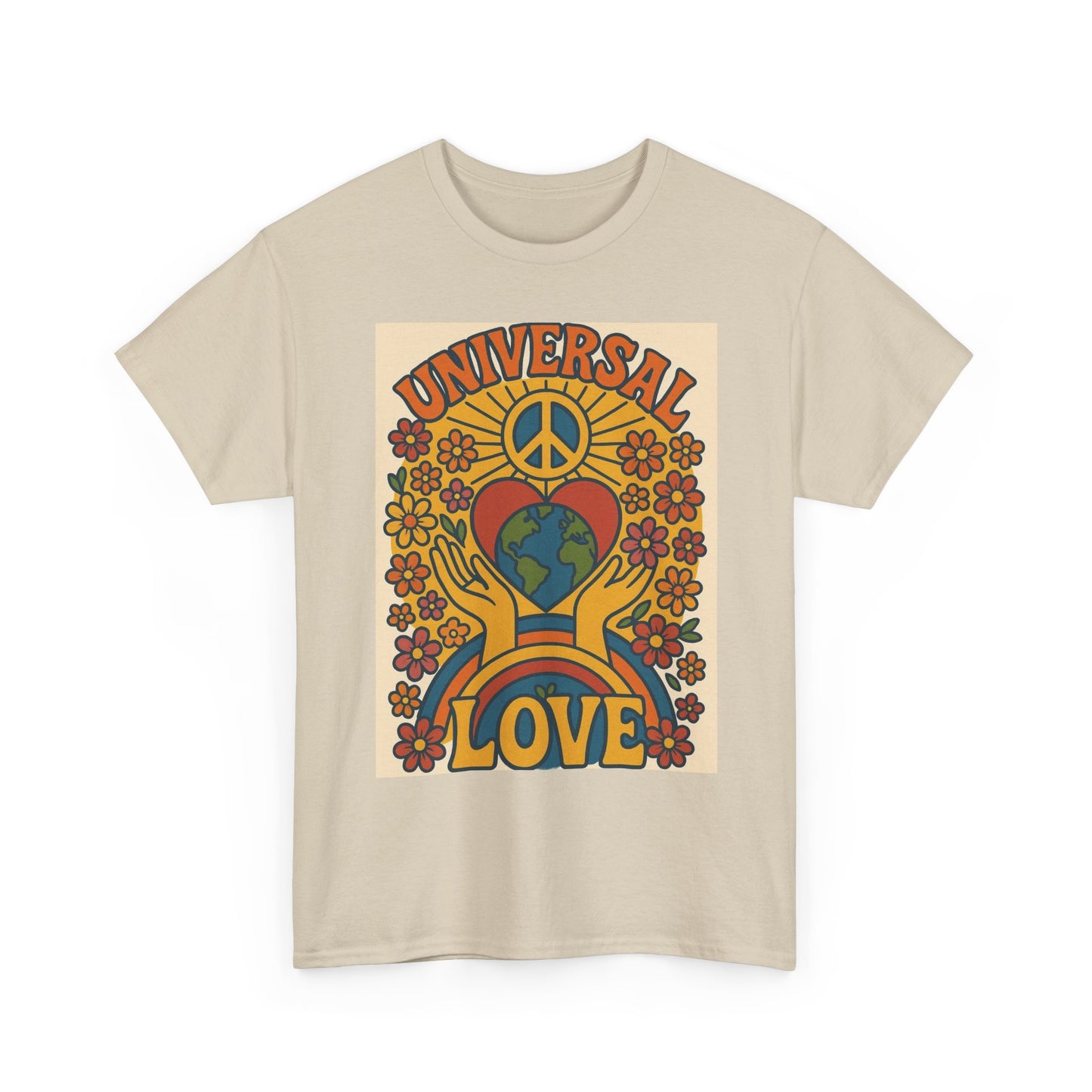 Universal Love Graphic T Shirt Happy Hippy Retro Unisex Heavy Cotton Tee
