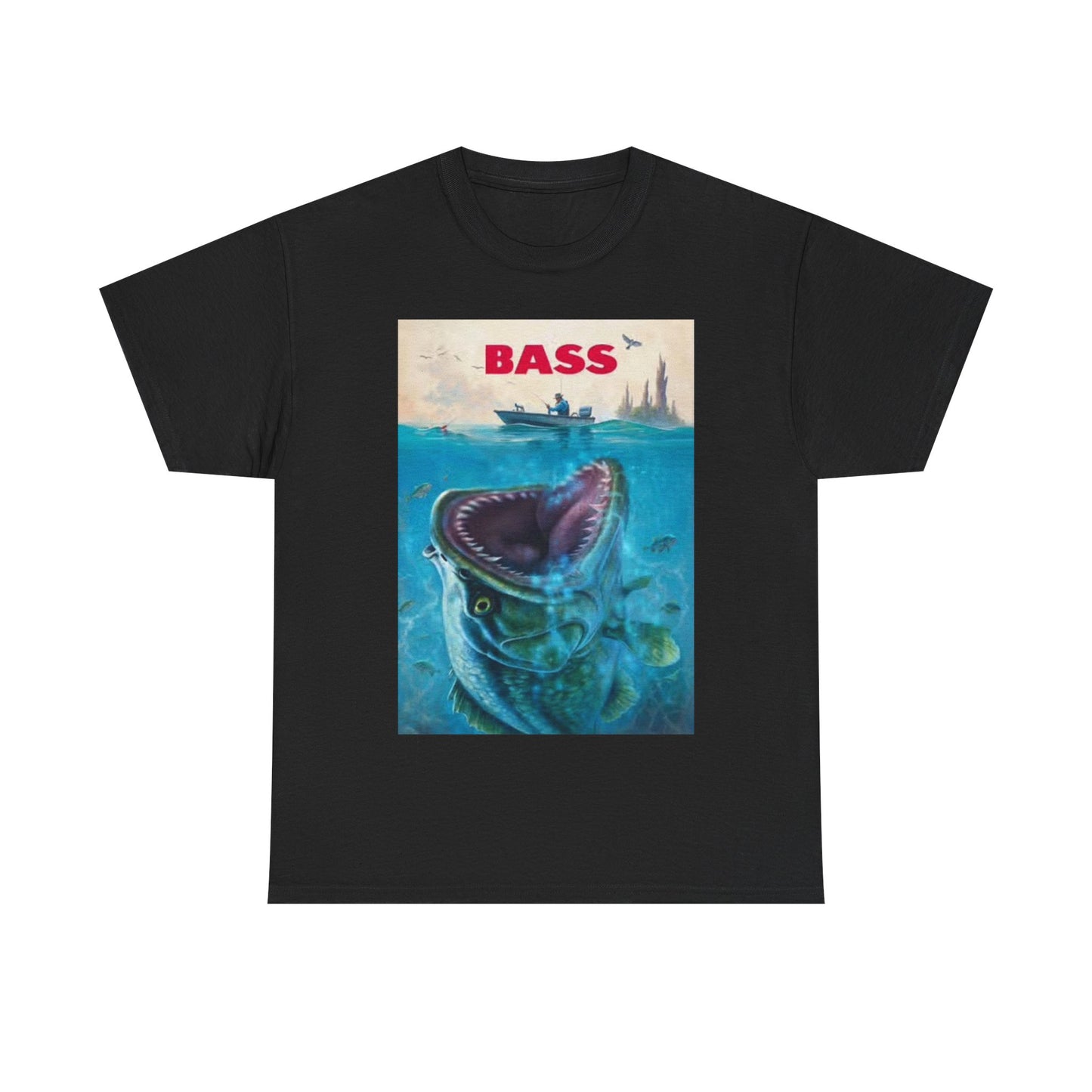 Bass Fishing Shirt Funny Jaws Movie Poster Outdoors Unisex Heavy Cotton Tee