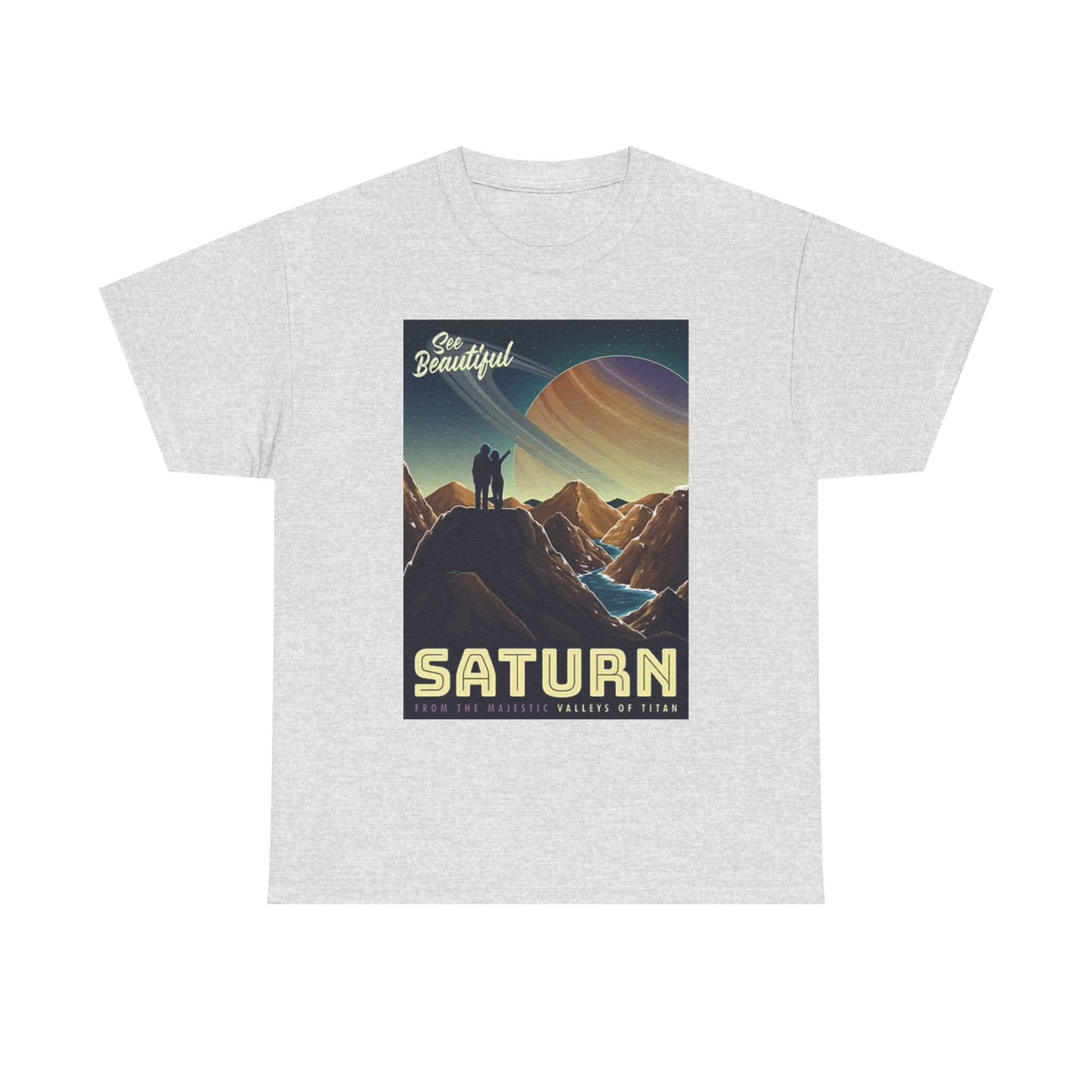 Saturn Space Graphic T Shirt Retro Outer Space Travel Unisex Heavy Cotton Tee