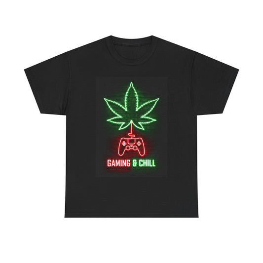 Gaming And Chill Tshirt Pot Leaf Neon Sign Gamer Unisex Heavy Cotton Tee