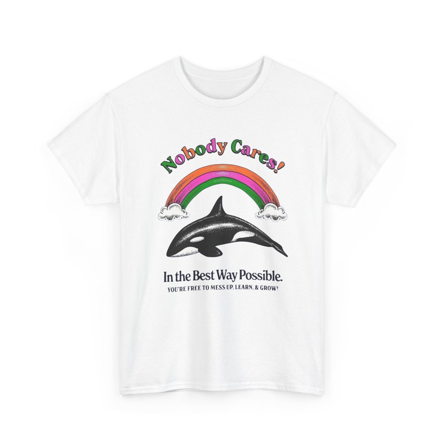 Nobody Cares Whale Rainbow Graphic T-Shirt Unisex Heavy Cotton Tee Gift