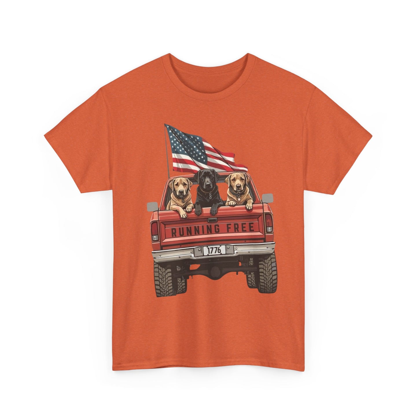 Running Free 1776 USA Dogs In Pickup Graphic T Shirt NEW Unisex Heavy Cotton Tee