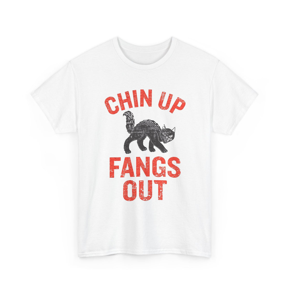 Chin Up Fangs Out Graphic T Shirt Men's Retro Cat Heavy Cotton Tee