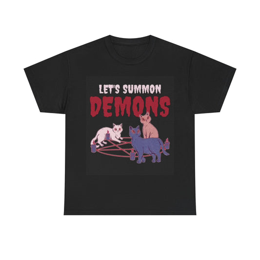 Lets Summon Demons Funny Shirt Cat Graphic Playing Unisex Heavy Cotton Tee